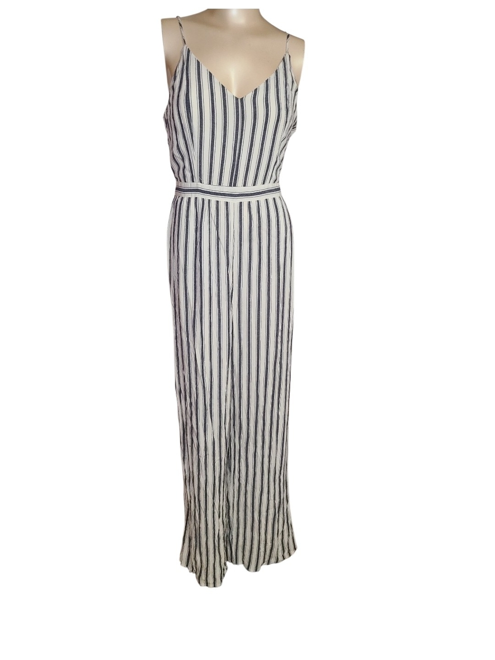 American Eagle Striped V-Neck Cami Wide Leg Jumpsuit M Blue White